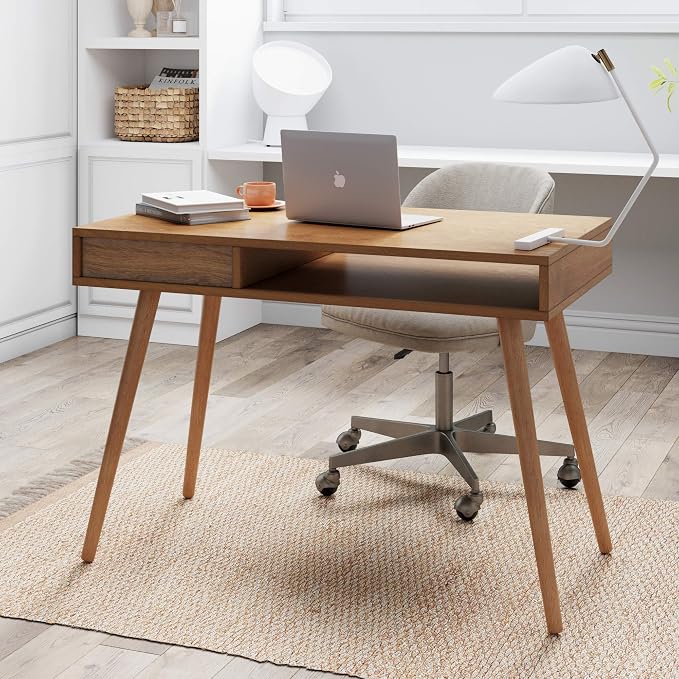 Nathan James Parker Modern Home Office Writing, Computer or Laptop Desk with Open Storage Cubby and Small Drawer, Walnut - Image 7