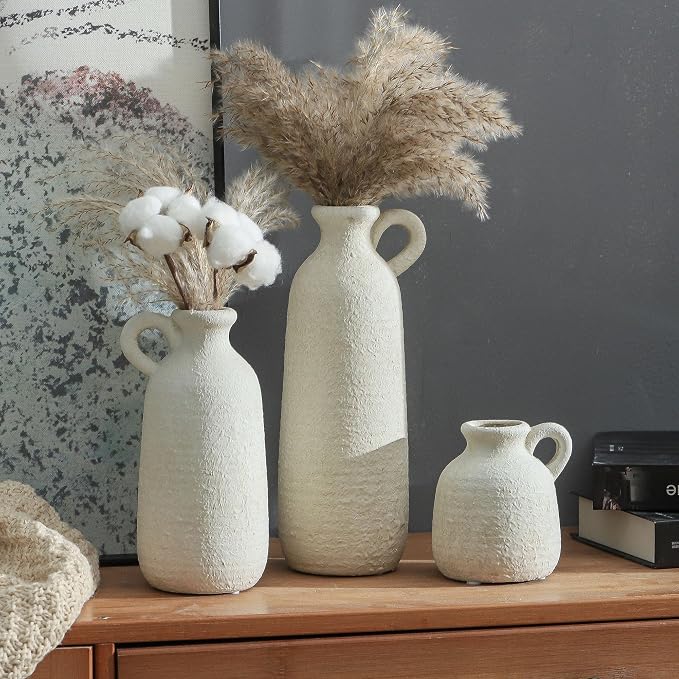 Ceramic Vase Set of 3 with Handle, Neutral Rustic Vases Home Decor Farmhouse Decorative Vase Whitewashed Pottery Decor Modern for Table Mantel Entryway Bookshelf Living Room Kitchen Bedroom - White - Image 7