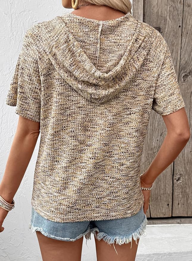 Dokotoo Womens Summer Tops 2026 Short Sleeve Button V Neck Waffle Knit Lightweight Drawstring Hoodies Casual Blouses Shirts - Image 4