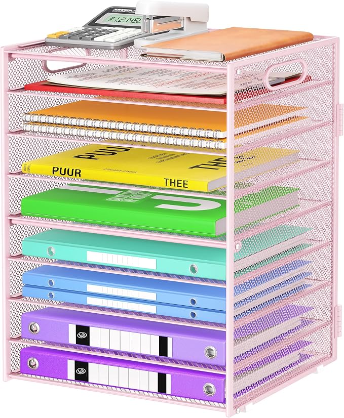 Cawukege 9 Tier Paper Organizer with Handle, Pink Large Capacity Desk Organizer Mesh File Folder Letter Paper Tray Desktop Document Sorter for Classroom, School, and Office Accessories Organization by Cawukege