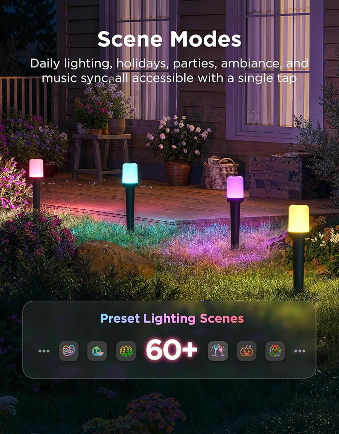 Govee Outdoor Cylinder Pathway Lights, 4 Pack, 425 Lumens, IP67 Waterproof | 60+ Preset Scene Modes, Outdoor Decor for Path, Patio, Garden, Lawn, Compatible with Alexa, Google Assistant, Matter - Image 6