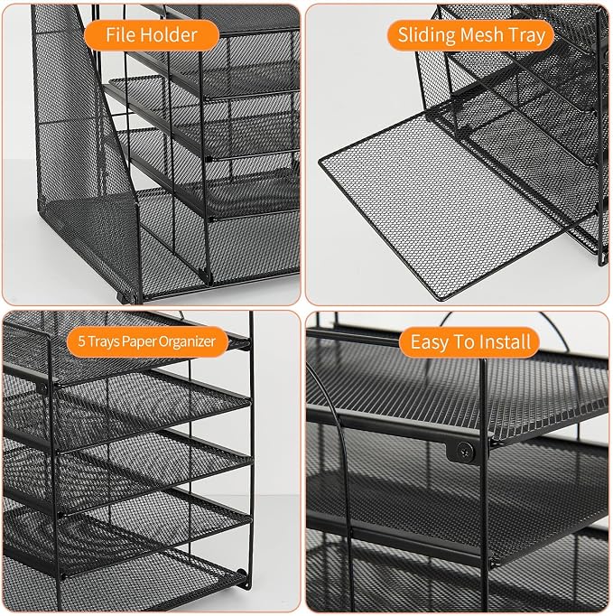 LEKETREE Desk Organizers and Accessories, 5-Tier Paper Letter Tray Organizer with File Holder, Desktop Organizer for Office Supplies (Black) - Image 6