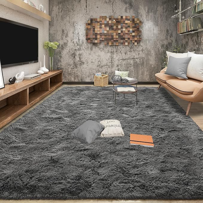 Tepook Fluffy Large Rugs for Living Room, 8x10 Area Rugs for Bedroom, Modern Shag Fuzzy Carpets for Kids Boys Girls, Plush Indoor Nursery Home Decor Rug with Non-Slip Bottom, Dark Grey by Tepook