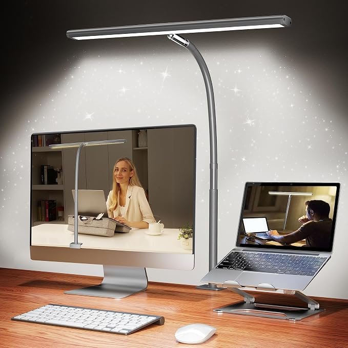 Airlonv LED Desk Lamp for Office Home, Eye-Caring Desk Light with Stepless Dimming Adjustable Flexible Gooseneck, 10W USB Adapter Desk Lamp with Clamp for Reading, Study, Workbench (Grey) by Airlonv