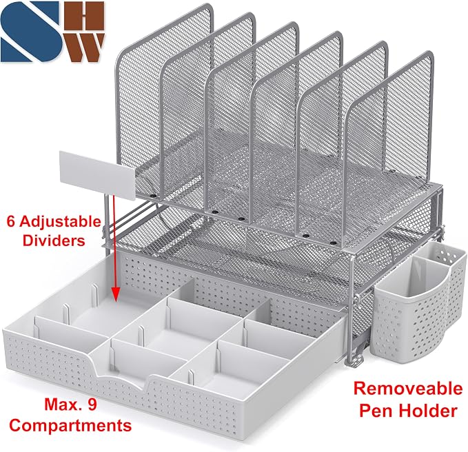 Simple Houseware Desk File Organizer for Office Supplies w/Drawer, Silver | Double Tray, Pencil Holder, and 5 Upright Sections with Sliding Drawer - Image 3