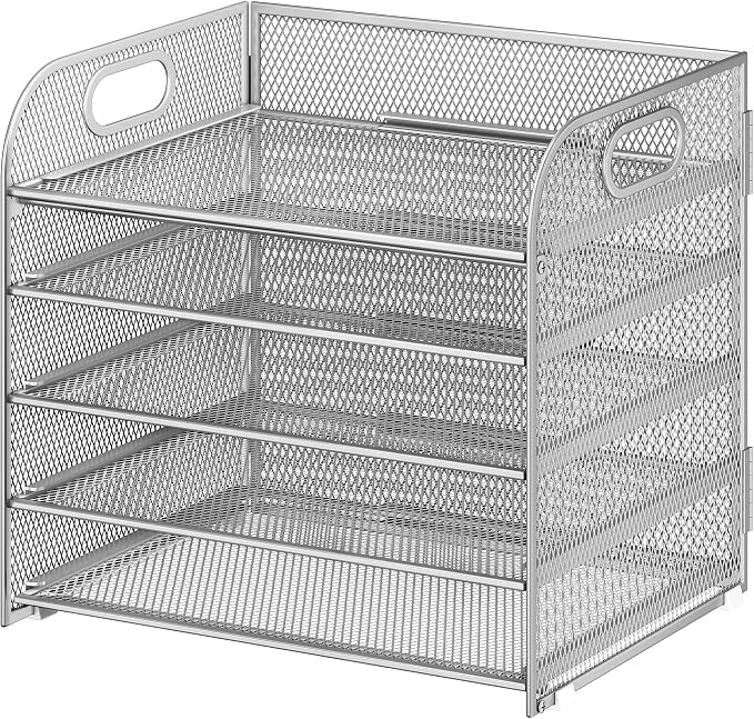 Cawukege 5 Tier Paper Organizer with Handle, Silver Metal Mesh Desk Organizer File Folder Paper Letter Tray Desktop Document Sorter for Classroom, School, Office Accessories Organization and Storage - Image 9