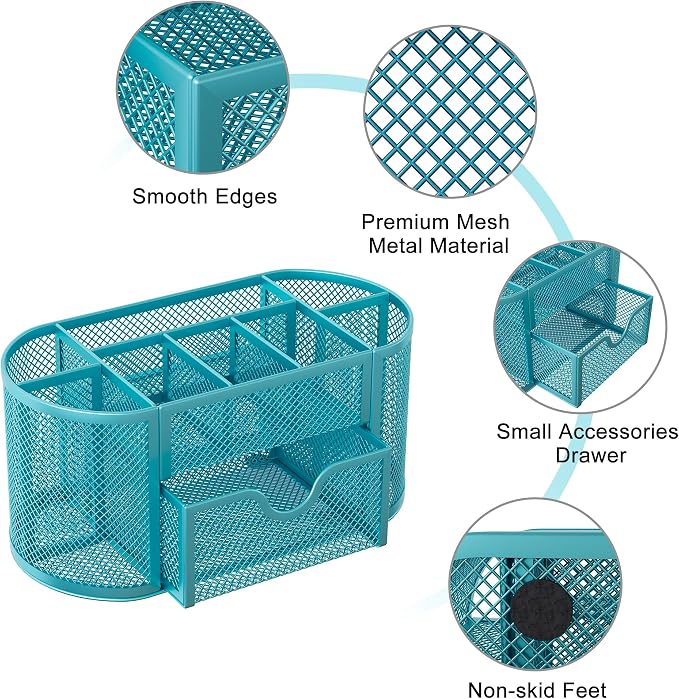 EasyPAG Mesh Pen Holder Desk Organizer with Drawer Stationery Supplies Organizer for Dorm School 9 Compartments Workspace Desk Accessories Organization for Office, Blue - Image 4
