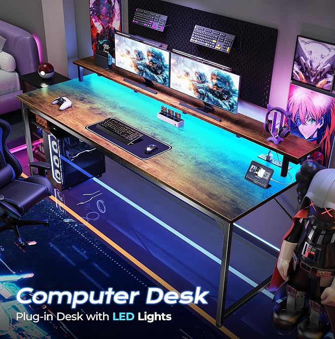 PRAISUN 63 inch Gaming Desk, LED & Outlets, Monitor Stand, Rustic Brown | Sturdy PC Desk for Home Office, Study & Work, LED Lights, 4 AC Outlets & USB-C Charging Station - Image 4