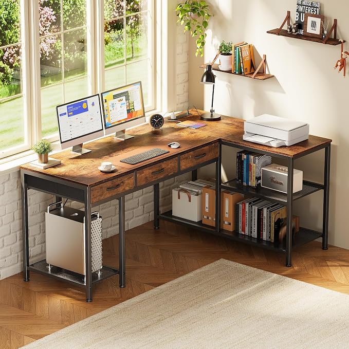 PRAISUN 55 Inch L Shaped Office Desk with Power Outlets and Type-C Port, Large Computer Gaming Desk with 3 Fabric Drawers, Mesh Shelves, Corner Study Work Writing Desk, Rustic Brown - Image 2