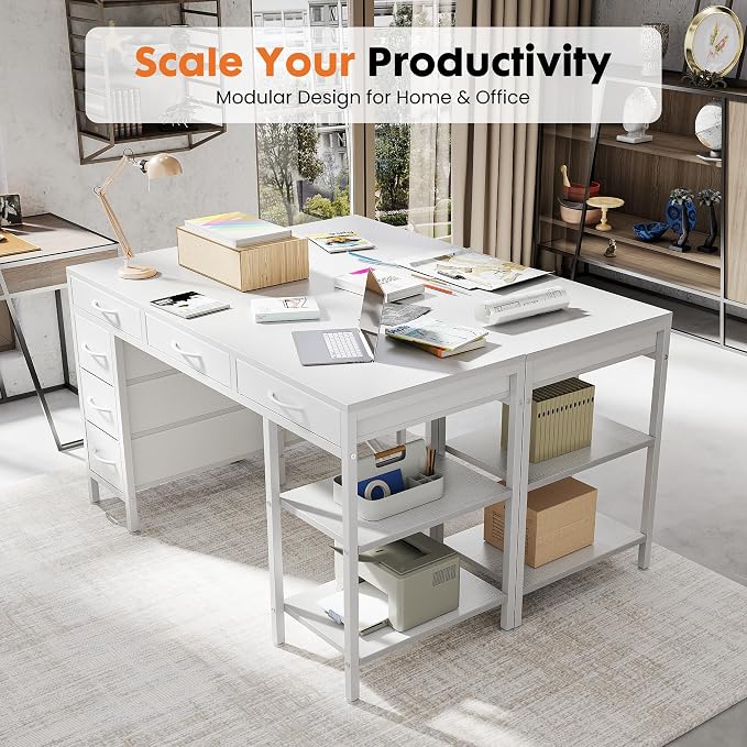 Sweetcrispy 55" Computer Desk with 6 Fabric Drawers & Storage Shelves | Reversible Gaming Desk, Office Desk, Computer Workstation, Corner Desk with Storag, Home Office, Living Room, White - Image 5