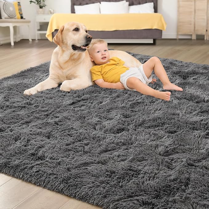 Tepook Fluffy Large Rugs for Living Room, Shag Area Rug 6x9 Soft Carpet for Bedroom, Modern Shaggy Rug for Kids Boys Girls, Plush Indoor Nursery Home Decor Rug with Non-Slip Bottom, Dark Grey - Image 4