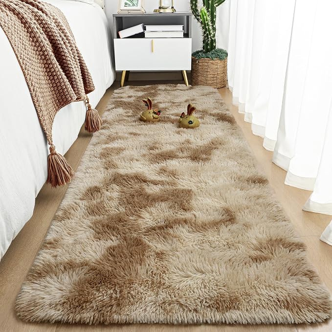 Tepook Fluffy Runner Rugs for Bedroom Aesthetic 2x6 Feet, Shag Soft Bedside Rug with Non-Slip Bottom, Fuzzy Plush Carpet for Room, Hallway Rug for Nursery Dorm Indoor Home Decor, Tie-Dyed Beige - Image 8