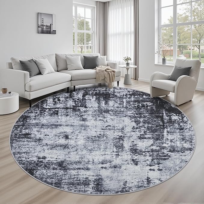 Round Area Rug for Living Room: 8 ft Washable Modern Abstract Soft Thin Rug Indoor Floor No Slip Stain Resistant Carpet for Bedroom Dining Room Farmhouse Nursery Home Office - Dark Black by FXRHLP