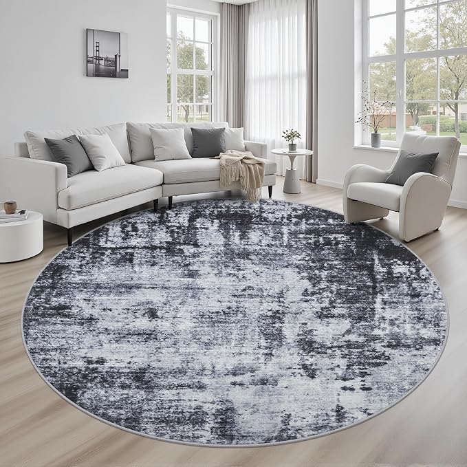 Round Area Rug for Living Room: 6 ft Washable Modern Abstract Soft Thin Rug Indoor Floor No Slip Stain Resistant Carpet for Bedroom Dining Room Farmhouse Nursery Home Office - Dark Black by FXRHLP