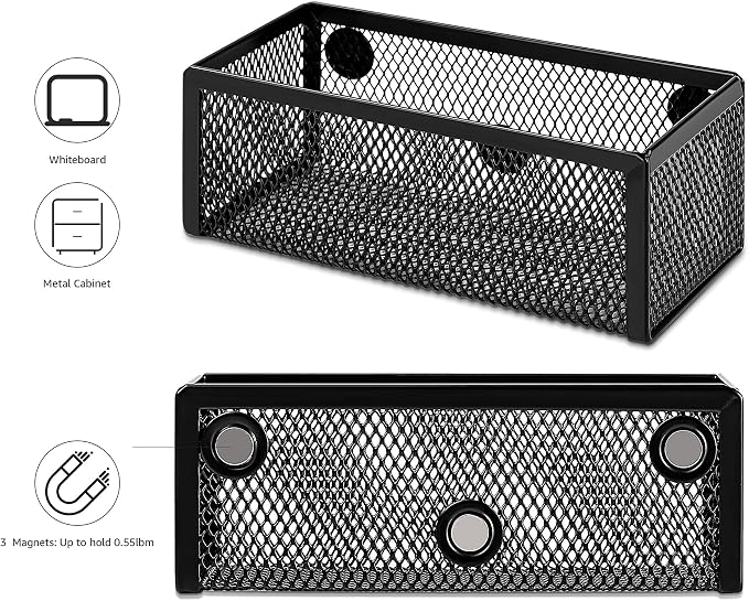 Amazon Basics Magnetic Storage Baskets, Mesh Organizers for Office Supplies and Workspace, 6" x 2.5" x 2.2", Black, 3-Pack - Image 3