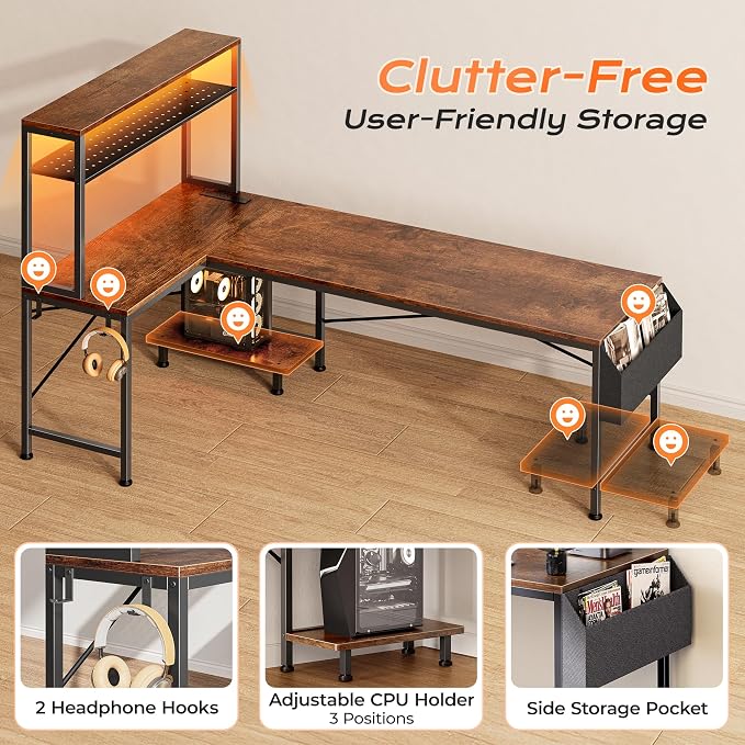 PRAISUN L Shaped Gaming Desk with LED Lights & Power Outlets, Reversible Computer Desk with Storage Shelves & Bag, Large Corner Home Office Desk with Pegboard for Work from Home, Rustic Brown - Image 9
