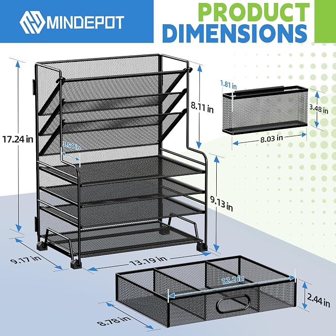 MINDEPOT 4-Tier Paper Organizer + 3-Pocket File Holder + Drawer + Pen Holders, Desktop File Organizers Paper Tray for Office Supplies School Classroom Organization (White, with Drawer & Pen Holder) - Image 3