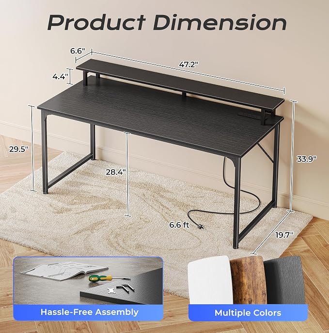 PRAISUN 48 inch Gaming Desk, LED & Power Outlets, Monitor Stand, Black | Sturdy PC Desk for Home Office, Study & Work, LED Lights, 4 AC Outlets & USB-C Charging Station - Image 3