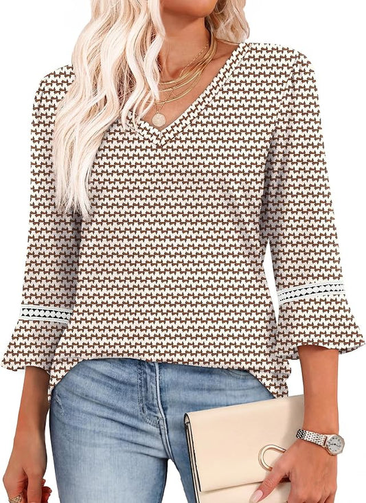 WIHOLL Womens Blouses Dressy Casual 3/4 Length Sleeve Tops Lace Trendy 2026 Spring Summer V Neck Shirts Vacation Outfits by WIHOLL