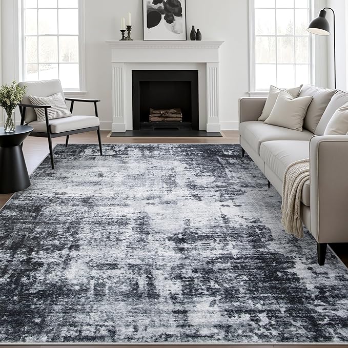 4x6 Area Rug Living Room Rug: Washable Modern Abstract Soft Thin Rug Indoor Floor No Slip Stain Resistant Carpet for Bedroom Dining Room Farmhouse Nursery Home Office - Dark-Black - Image 2