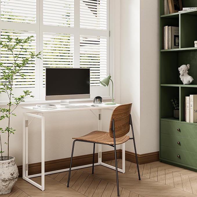 alawooder 39.4" Folding Desk: No Assembly, Wood Top for Small Spaces | 39.4 in dual-monitor workspace, holds 150 lbs, folds flat to 2.3 in, splash-proof top, home office or gaming - Image 6