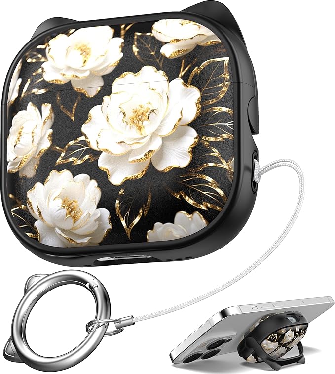 for AirPods 4 Case with Cleaning Kit, Cute Cat Ear Print Design & Cute Buckle, Inverted Phone Holder Design, Top Safe Lock Buckle Design, for Girls AirPods 4 case 2024, Black Peony by MHYALUDO