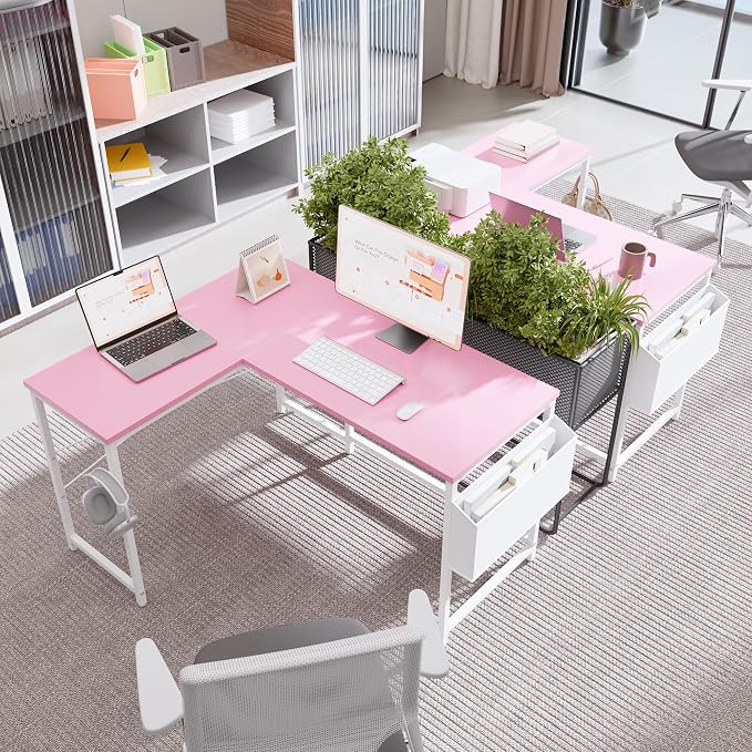 Pamray 47 Inch Reversible L Shaped Gaming Desk Corner Computer Desk with Storage Bag Home Office Table for Writing Study Pink - Image 5