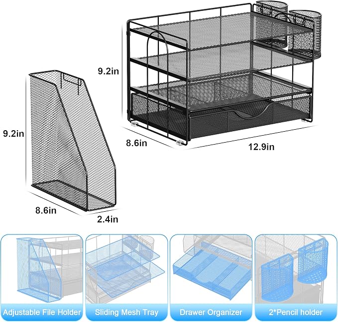 gianotter Desk Organizers and Accessories with File Holder, 4-Tier Desk Accessories & Workspace Organizers with Drawer and 2 Pen Holder, Paper Organizer for Office Supplies (Black) - Image 5