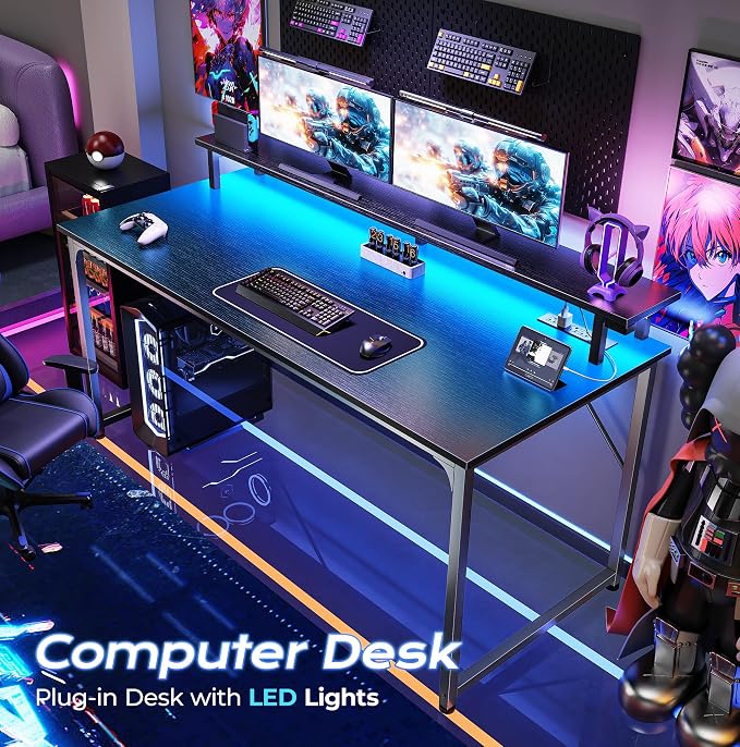 PRAISUN 48 inch Gaming Desk, LED & Power Outlets, Monitor Stand, Black | Sturdy PC Desk for Home Office, Study & Work, LED Lights, 4 AC Outlets & USB-C Charging Station - Image 4