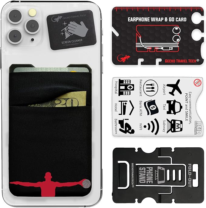 Gecko Travel Tech Double Pocket - Adhesive Card Holder - Cell Phone Pouch - Stick on Spandex Pocket - Carry Credit Cards and Cash (Basketball) by GeckoTravelTech