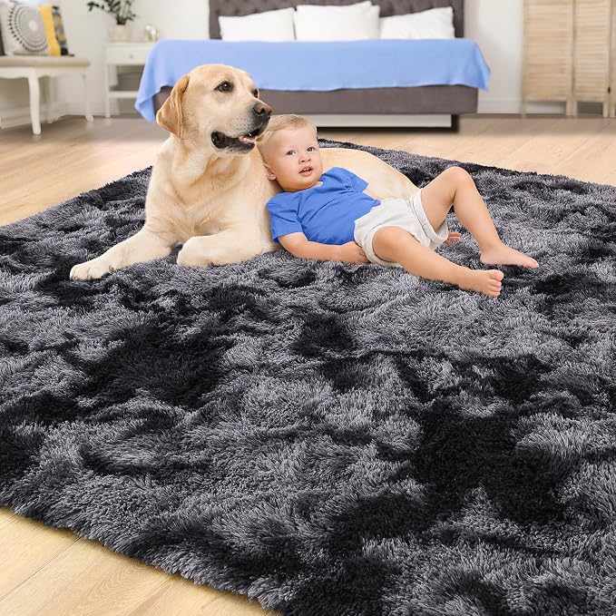 Tepook Area Rugs 9x12 for Living Room, Super Soft Fluffy Rugs for Bedroom, Modern Shaggy Rug Fuzzy Carpets for Kids, Plush Indoor Nursery Home Decor Rug with Non-Slip Bottom, Tie-Dyed Dark Grey - Image 4