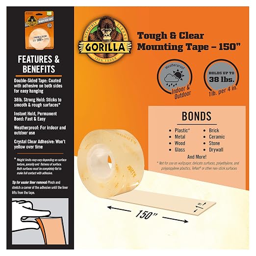 Gorilla Tough & Clear Double Sided Mounting Tape, Clear Tape, 1" x 150" - Weatherproof for Indoor or Outdoor | (Pack of 12) - Image 4
