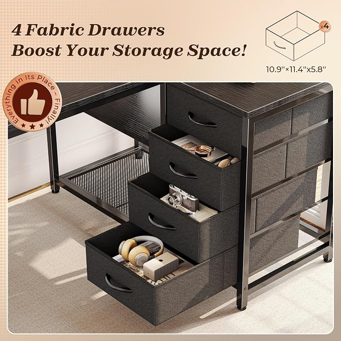 PRAISUN 43.3" Small Computer Desk with Power Outlets & USB-C Port, Reversible L Shaped Corner Office Desk with 4 Fabric Drawers and 2 Adjustable Storage Shelves, for Gaming Writing, Black - Image 7