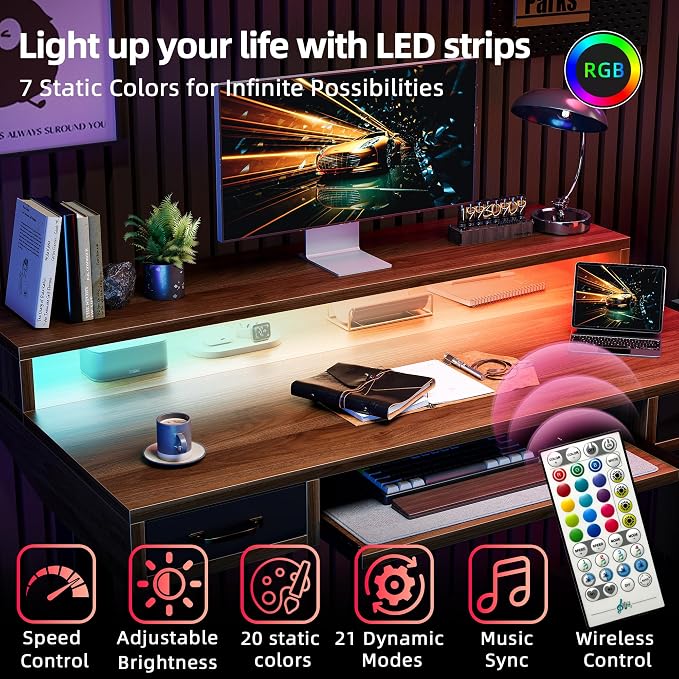 TIQLAB Standing Desk with Two Drawers, Stand Up Standing Desk Adjustable Height, Electric Sit Stand Table with Storage Shelf and Splice Board, with LED Light, 55 * 28 inch, Black Walnut - Image 4