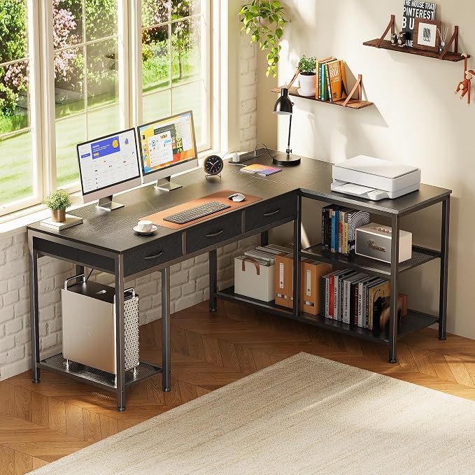 PRAISUN 55 Inch L Shaped Office Desk with Power Outlets and Type-C Port, Large Computer Gaming Desk with 3 Fabric Drawers, Mesh Shelves, Corner Study Work Writing Desk, Black - Image 2