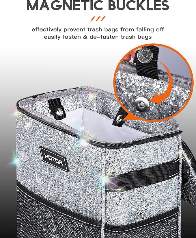 HOTOR Car Trash Can with Lid and Storage Pockets - 100% Leak-Proof Organizer, Waterproof Garbage Can, Multipurpose Trash Bin for Car, 2 Gallons, Sparkle White - Image 3