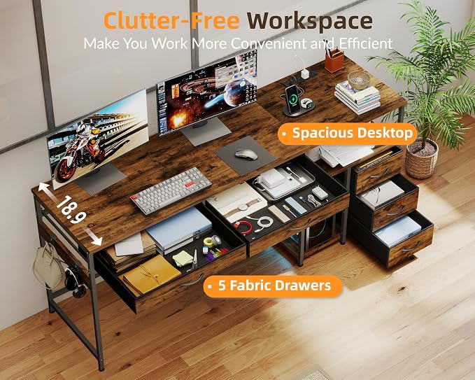 YOSHOOT 60" Computer Desk with 5 Fabric Drawers, Gaming Desk Table | Desk with Storage and Power Outlets, for Adults and Teenagers Working Writing Study, Rustic Brown - Image 8