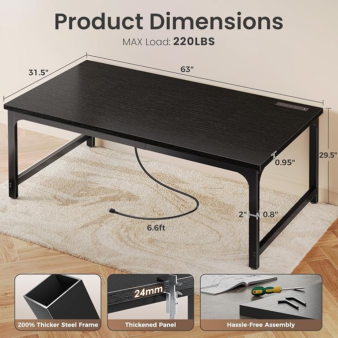 Huuger 63 x 31.5 inch Desk with Power Outlets & USB-C, 0.95 Inch Thicker Desktop, Robust Metal Tubes, Deep Computer Desk, Heavy Duty Office Work Desk, for Home Office, Black - Image 2