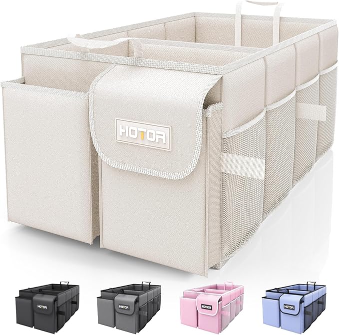HOTOR Trunk Organizer for Car - Car Organizer, Foldable Trunk organizer for SUVs & Sedans, Sturdy Organization for Car Accessories, Tools, Sundries, Beige, 2 Compartments, 21.3"×12.6"×10.6" by HOTOR