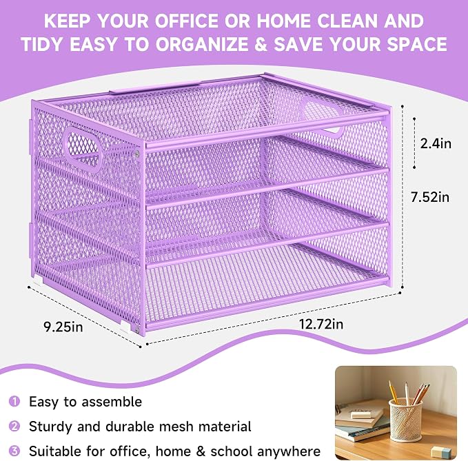 Subekyu Paper Letter Tray Organizer for Desk, Purple Metal Mesh Desk File Sorter Organizer with Handle and 2 Sliding Trays for Home Office School Supplies Organization - Image 4