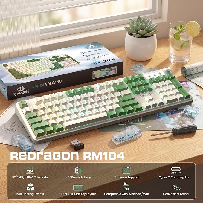 Redragon RM104 Wireless Gaming Keyboard with Knob, Tri-Mode BT/2.4G/USB-C RGB Computer Keyboards, 4000mAh Battery, Programmable Software Support, Anti-Ghosting, Compatible with PC Mac - White & Green - Image 2