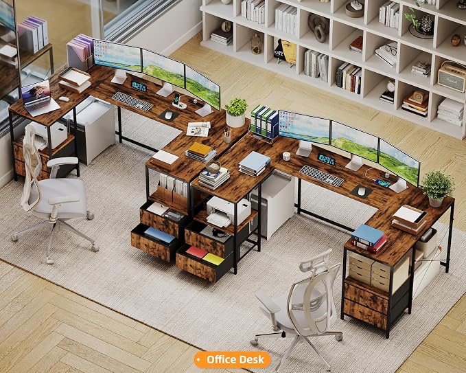 YOSHOOT 67" U Shaped Computer Desk, Reversible L Shaped Gaming Desk | Corner Desk with Power Outlets, 4 Drawers, 2 Storage Shelf, Computer Table with 4 Installation Methods, Rustic Brown - Image 2