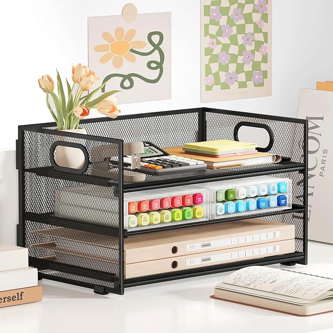 Subekyu 3 Tier Paper Letter Tray Organizer for Desk, Black Metal Mesh Desk File Folder Sorter Organizer with Handle and Sliding Tray for Home, Office, School Supplies Organization Storage - Image 5