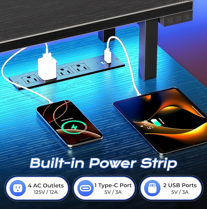 PRAISUN 63 inch Gaming Desk, LED & Power Outlets, Monitor Stand, Black | Sturdy PC Desk for Home Office, Study & Work, LED Lights, 4 AC Outlets & USB-C Charging Station - Image 5