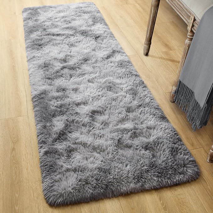 Tepook Fluffy Runner Rugs for Bedroom Aesthetic 2x6 Feet, Shag Soft Bedside Rug with Non-Slip Bottom, Fuzzy Plush Carpet for Room, Hallway Rug for Nursery Dorm Indoor Home Decor, Tie-dye Light Grey - Image 2