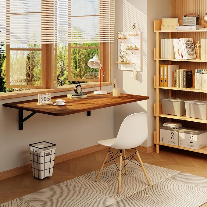 IAE 36x22in Floating Fold Desk,Wall-Mounted Folding Computer Table,Walnut | Study Table with Shelf Brackets,Foldable Down Shelf with Engineered Wood,Fold Computer Desk for Small Apartment,Holds 503 lb - Image 4