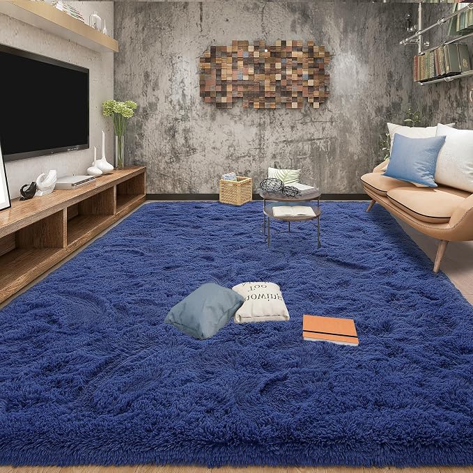 Tepook Fluffy Large Rugs for Living Room, Shag Area Rug 6x9 Soft Carpet for Bedroom, Modern Shaggy Rug for Kids Boys Girls, Plush Indoor Nursery Home Decor Rug with Non-Slip Bottom, Navy, 6 X 9 Feet by Tepook