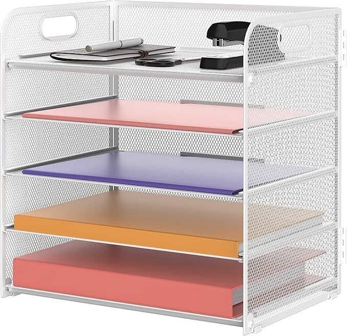 Supeasy 5 Trays Paper Organizer Letter Tray with Handle-Mesh Desk File Holders, Paper Sorter Desk Organizer for Office, Home, Classroom or School, White by SUPEASY