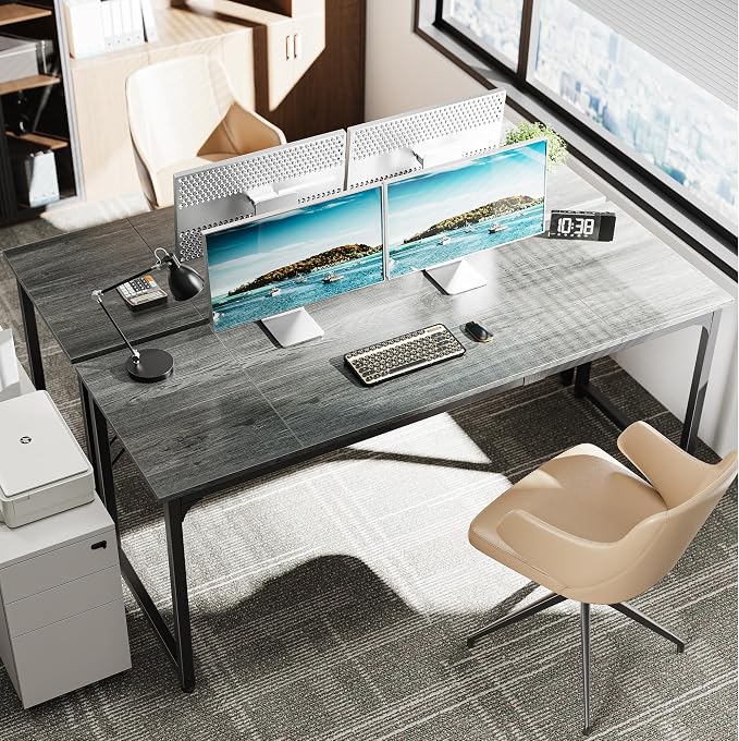 Huuger Computer Desk, 70 Inch Office Desk, Gaming Desk with Storage, Writing Desk Work Desk for Home Office, Study, Long Simple Desk, Large Legroom, Metal Frame, Grey - Image 2