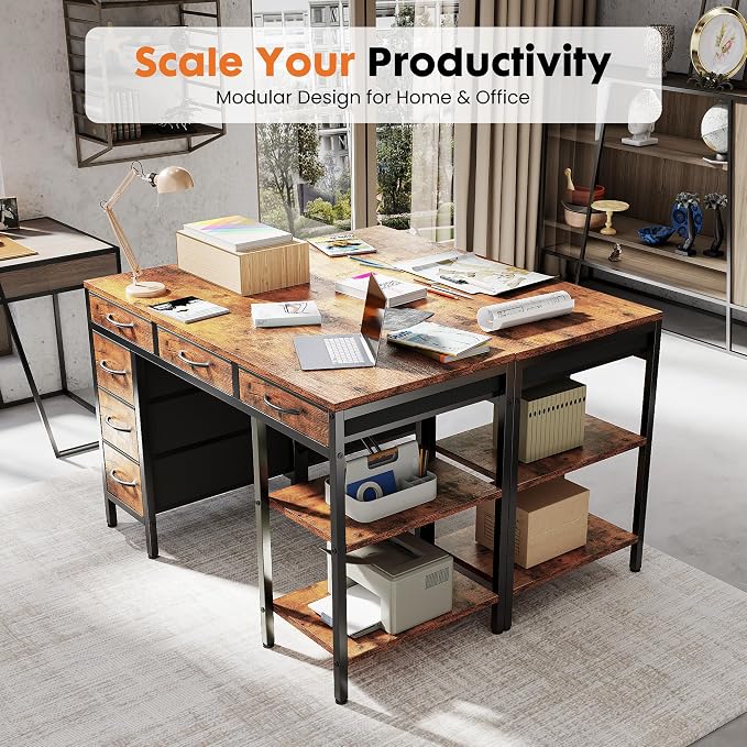 Sweetcrispy 47" Computer Desk with 6 Fabric Drawers & Storage Shelves | Reversible Gaming Desk, Office Desk, Computer Workstation, Corner Desk with Storag, Home Office, Living Room, Rustic Brown - Image 5